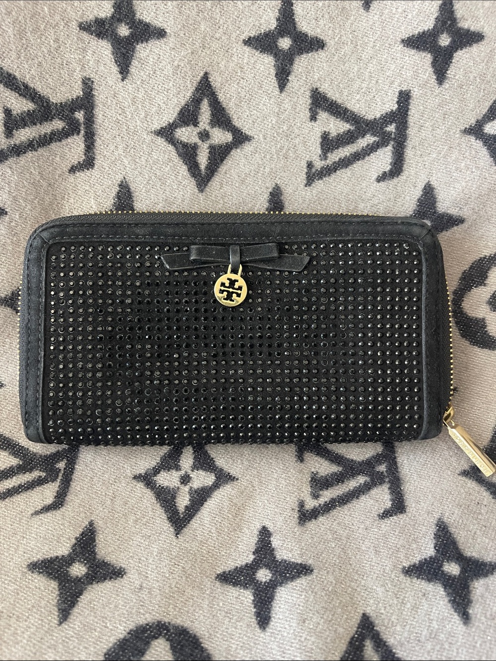 Tory Burch Black Studded Zip Wallet with Gold Logo Charm